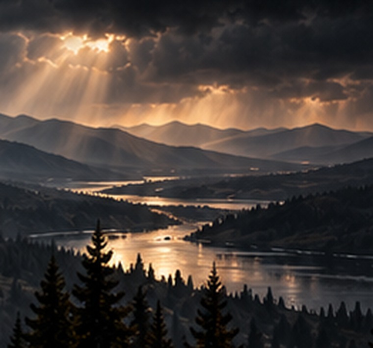 Sunlit mountains and a river valley