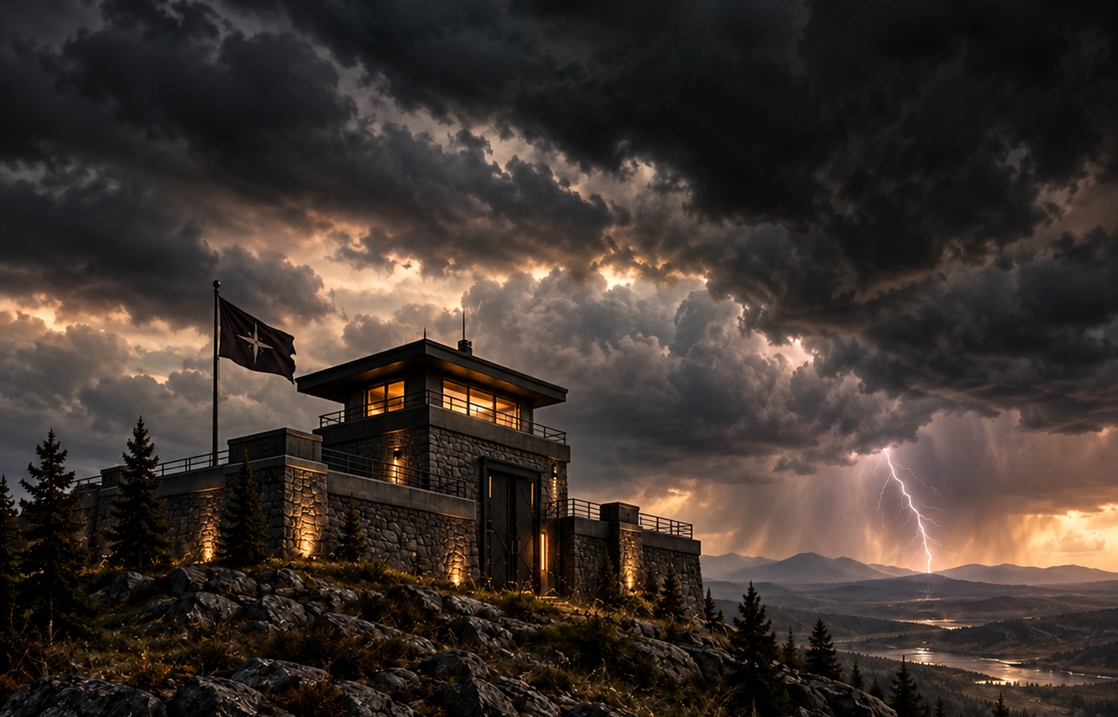 Storm clouds and a stone redoubt on a mountain ridge