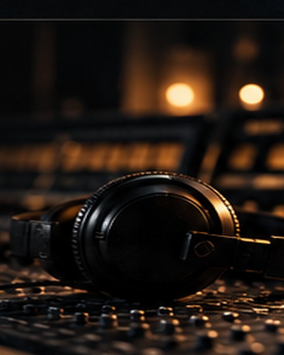 Headphones on a mixing console under warm studio lights