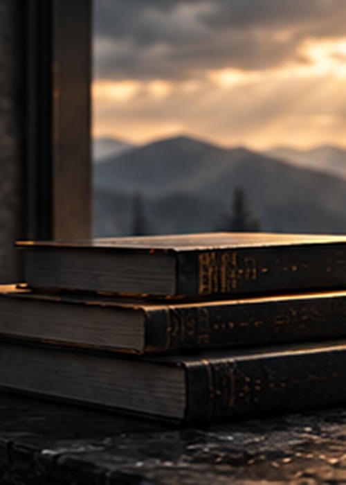 Stack of books before a sunlit mountain valley