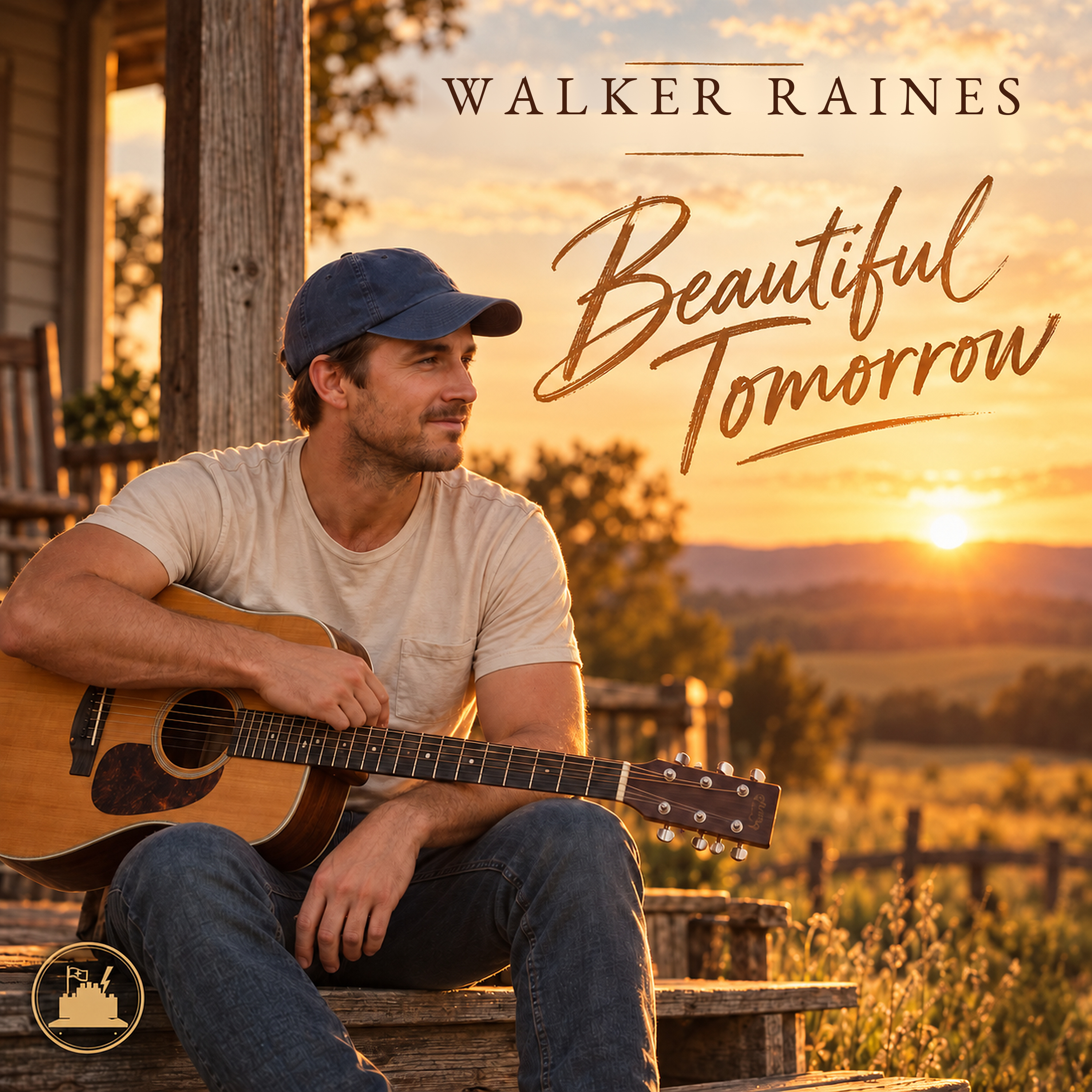 Walker Raines Beautiful Tomorrow cover: country singer seated with guitar at sunset